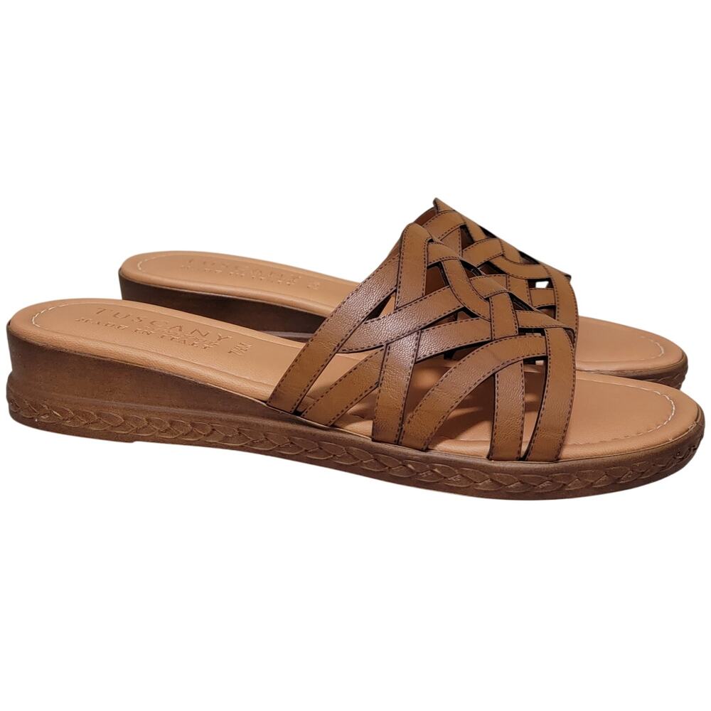 Easy Street Tuscany Women Edda Wedge Heel Slide Sandal Size US 7.5M Cognac Brown
